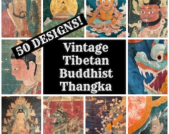 May include: A collage of nine images featuring vintage Tibetan Buddhist Thangka paintings. The images depict various deities, figures, and scenes from Buddhist mythology. The text "50 DESIGNS! Vintage Tibetan Buddhist Thangka" is superimposed on the collage.