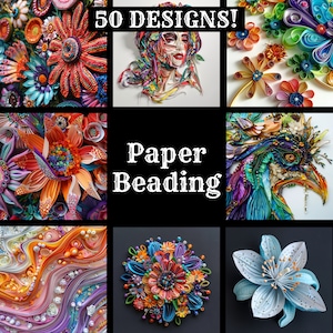 Puede incluir: Un collage de nueve imágenes que muestran intrincados diseños de cuentas de papel. Las imágenes presentan una variedad de colores, patrones y texturas, incluyendo flores, un pavo real y el rostro de una mujer. El texto "50 DESIGNS!" y "Paper Beading" también es visible en el collage.