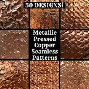 Könnte beinhalten: Eine Sammlung von 50 nahtlosen Mustern mit metallisch gepresstem Kupferdesign. Die Muster umfassen verschiedene Texturen und Formen, wie z. B. Wirbel, Kreise und geometrische Formen.