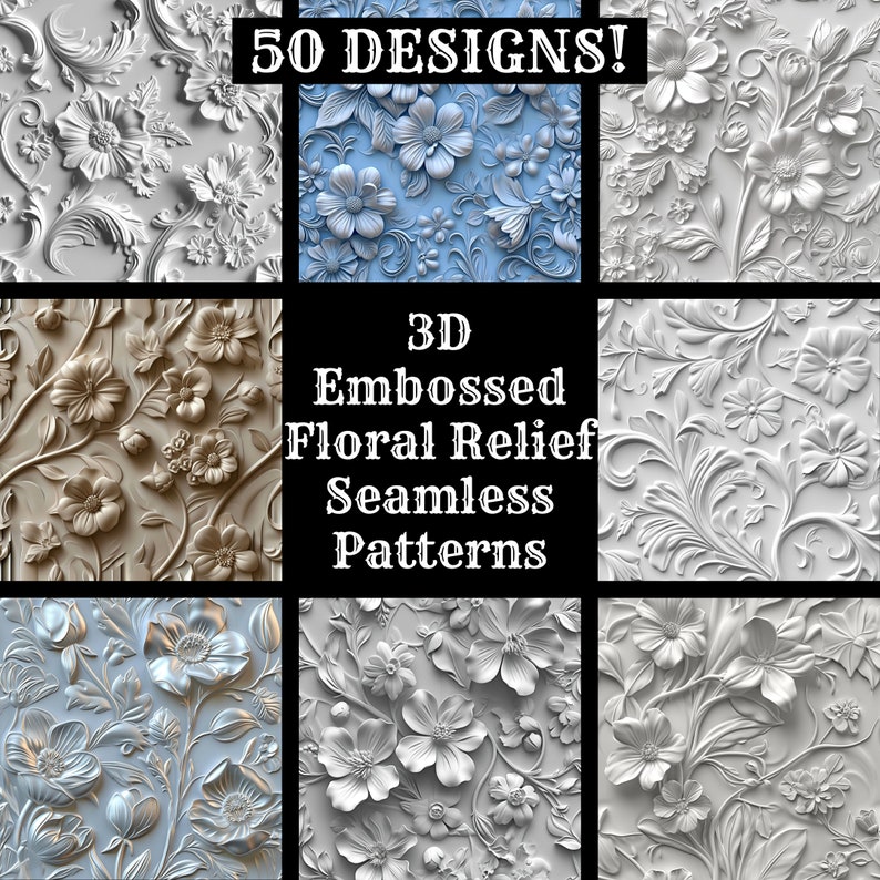 3D Embossed Floral Relief Seamless Patterns: Digital Paper (PNG) - Etsy