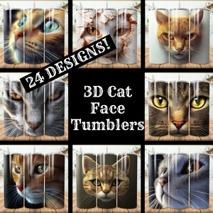 3D Katzengesicht Tumbler Wrap Bundle 24 Pack Katze 20 Unzen Skinny Tumbler Cat Sublimation Designs Katze Gerade konische Becher PNG, Instant Download