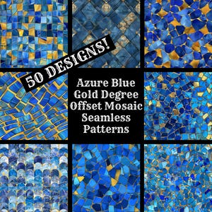 Carta digitale senza giunture mosaico offset grado oro blu azzurro, texture senza giunte di carta scrapbook stampabile mosaico, download istantaneo digitale