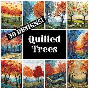 May include: A collage of nine images showcasing 50 designs of quilled trees. The trees are made of paper and are in various colors, including blue, green, orange, and red. The text "50 DESIGNS!" and "Quilled Trees" is displayed in the center of the collage.