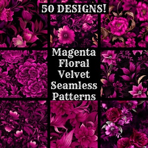 May include: A collage of 50 magenta floral velvet seamless patterns. The patterns feature a variety of floral designs, including roses, peonies, and lilies, all in shades of magenta and pink. The patterns are set against a black background.
