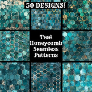 Puede incluir: 50 patrones sin costuras de panal de abeja en verde azulado y dorado. Los patrones presentan un diseño geométrico de panal de abeja con un esquema de color verde azulado y dorado.