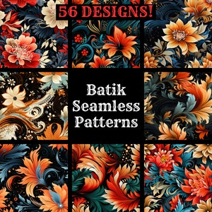 May include: A set of 56 seamless patterns featuring intricate floral designs in shades of orange, red, yellow, green, and blue on a black background. The text "Batik Seamless Patterns" is displayed in the center of the image.