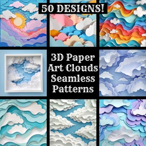 Nubes de papel 3D sin costuras, papel digital para álbumes de recortes, texturas sin costuras, descarga digital instantánea de nubes de papel 3D