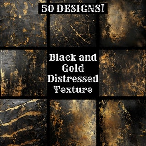 Può includere: 50 design di texture distressed in nero e oro. Le texture sono astratte e ricordano la vernice screpolata o il metallo invecchiato.