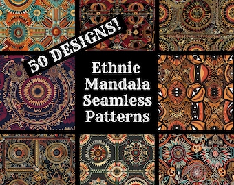 Ethnic Mandala Seamless Patterns: 50 PNG Digital Papers (Digital Download)