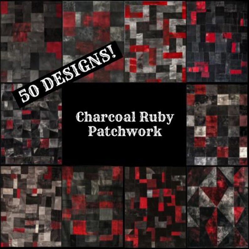 a black and red patchwork background with the words 50 designs