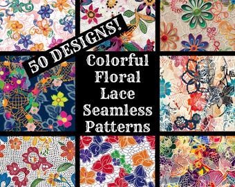 Floral Lace Seamless Patterns: Colorful Printable Digital Paper (Digital Download)