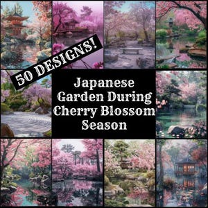 Japanischer Garten während der Kirschblütenzeit, Journalpapier, bedruckbares Papier, Vintage-Journalzubehör, Journaleinsätze