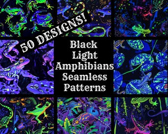 Black Light Amphibians Seamless Pattern: 50 PNG Digital Papers (Digital Download)