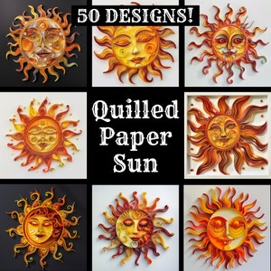 Peut inclure: Un collage de neuf images présentant 50 designs différents de soleils en papier quillé. Chaque soleil présente un design unique avec des détails complexes et des couleurs vives, notamment le jaune, l'orange et le rouge.