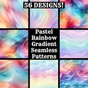 Puede incluir: Un conjunto de 56 patrones sin costuras con colores degradados de arcoíris pastel. Los patrones están hechos de líneas onduladas y son perfectos para agregar un toque de color a cualquier proyecto.