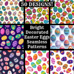 以下が含まれることがあります： 様々なデザインの鮮やかな色のイースターエッグが描かれた、9つのシームレスなパターンセット。お祝いの背景、包装紙、または布地を作成するのに最適です。