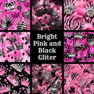 Papel con purpurina rosa y negra: brillante, con diamantes, coronas, rayas de tigre y unicornios. Perfecto para manualidades y álbumes de recortes. Regalo único.