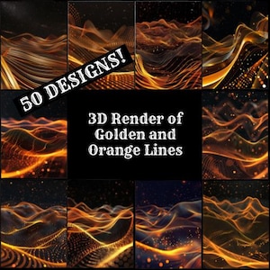 May include: 50 designs of 3D rendered abstract backgrounds with golden and orange lines. The backgrounds are dark with a black background and have a subtle sparkle effect.