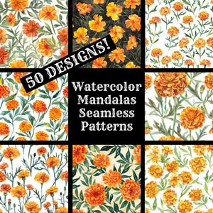May include: A set of 9 seamless patterns featuring watercolor marigolds in various arrangements. The patterns are perfect for creating digital or printed designs.