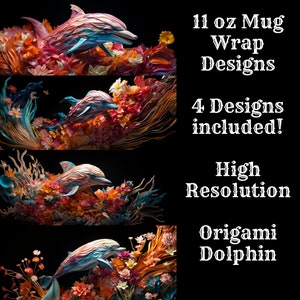 Origami Dolphin 11 oz Mug Wrap Bundle 4 Pack Mug Wrap Sublimation Designs Mug PNG, Instant Download, Dolphin Mug Dolphin Sublimation Wrap