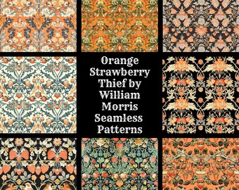 William Morris Strawberry Thief Seamless Pattern: Orange Digital Paper (Digital Download)