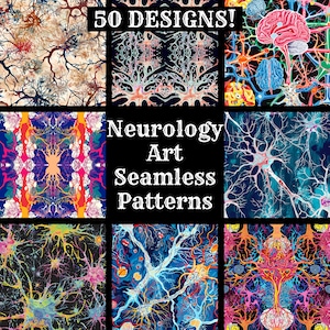 Może przedstawiać: Kolaż 9 kolorowych, abstrakcyjnych, bezszwowych wzorów z motywami przypominającymi neurony. Tekst "Neurology Art Seamless Patterns" znajduje się w środku kolażu. Tekst "50 Designs!" znajduje się na górze kolażu.