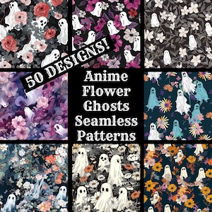 May include: 50 seamless patterns featuring anime-style ghosts with floral backgrounds. The patterns are in various colors, including pink, purple, blue, green, and yellow.