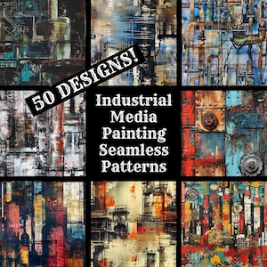 May include: A collage of 50 industrial media painting seamless patterns. The patterns feature abstract designs with rusty metal, pipes, and machinery in shades of blue, red, yellow, and gray.