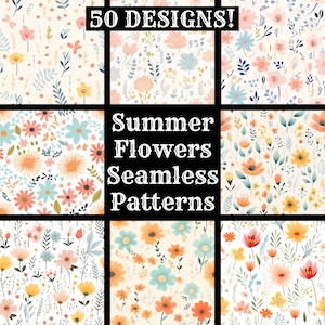 Può includere: Un set di 9 motivi senza cuciture che presentano fiori estivi colorati in varie tonalità di rosa, giallo, blu e arancione. I motivi sono perfetti per creare design digitali o stampati per tessuti, carta da parati o altri progetti creativi. Il testo "Summer Flowers Seamless Patterns" è visualizzato al centro dell'immagine.