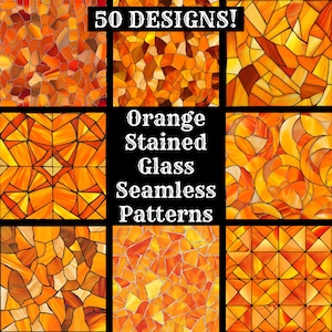 Puede incluir: 50 patrones sin costuras de vidrio de colores naranja. Los patrones son geométricos y abstractos, con una variedad de formas y tamaños.