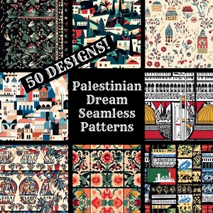 May include: A collage of 50 Palestinian Dream Seamless Patterns. The patterns feature a variety of designs, including geometric shapes, floral motifs, and traditional Palestinian architecture. The text "50 DESIGNS!" and "Palestinian Dream Seamless Patterns" is displayed on the collage.