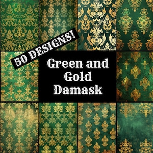May include: A collage of 50 green and gold damask patterns. The patterns are intricate and detailed, with a vintage feel. The text "50 DESIGNS! Green and Gold Damask" is superimposed on the image.