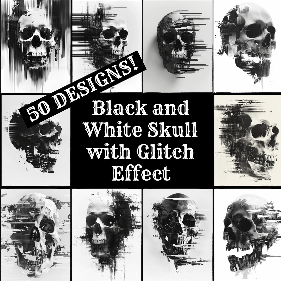 Skull Glitch Art Journal Paper: Black and White Printable (PNG Digital ...