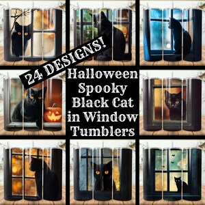 Op de afbeelding: 24 Designs! Halloween Spooky Black Cat in Window Tumblers. Set van 24 zwart-witte bekerontwerpen met een zwarte kat in een raam. Elk ontwerp heeft een andere raamscene.