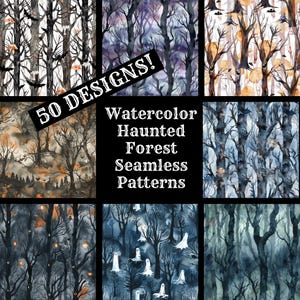 May include: A collage of 50 watercolor seamless patterns featuring spooky haunted forest scenes. The patterns include trees, bats, ghosts, and pumpkins in shades of blue, gray, and orange.