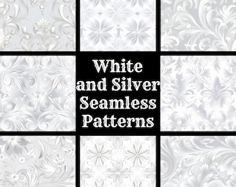 Patrones sin costuras en blanco y plateado: 50 papeles digitales PNG (descarga digital)