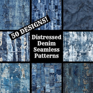 Op de afbeelding: Een collage van negen verschillende naadloze patronen van distressed denim. De patronen zijn allemaal in tinten blauw en wit en hebben verschillende texturen, waaronder gescheurd, rafelig en gepatcht denim. De tekst "50 DESIGNS! Distressed Denim Seamless Patterns" wordt weergegeven in wit op een zwarte achtergrond.