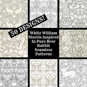 Könnte beinhalten: Eine Collage aus 50 nahtlosen Mustern mit weißen Kaninchen, inspiriert von William Morris. Die Muster sind in verschiedenen Stilen gehalten, darunter floral, geometrisch und abstrakt. Der Text "50 DESIGNS! White William Morris Inspired In Pure Brer Rabbit Seamless Patterns" wird in der Mitte der Collage angezeigt.