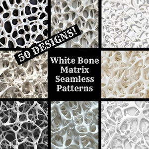 May include: A collection of 50 white bone matrix seamless patterns. The patterns are abstract and resemble a network of interconnected lines and shapes.