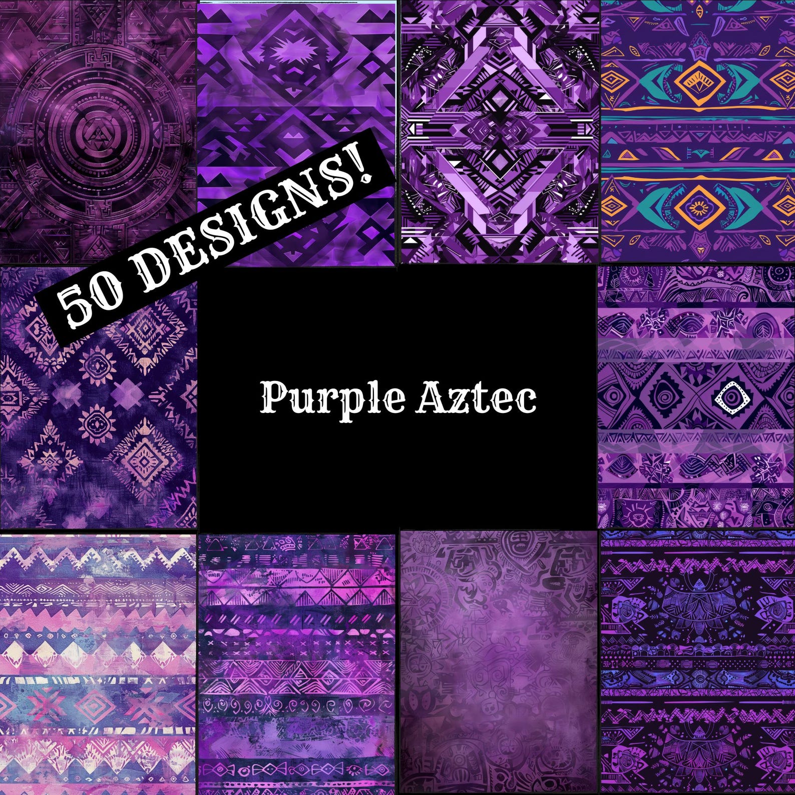 Purpecan Aztec Purple Aztec Digital Paper: 50 PNG Scrapbook Journal Inserts (digital ...