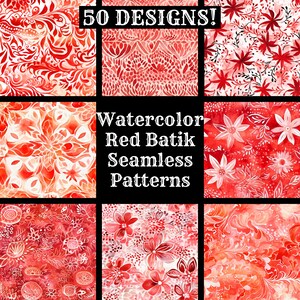 a collection of red and white patterns with the words watercolor red batik seam