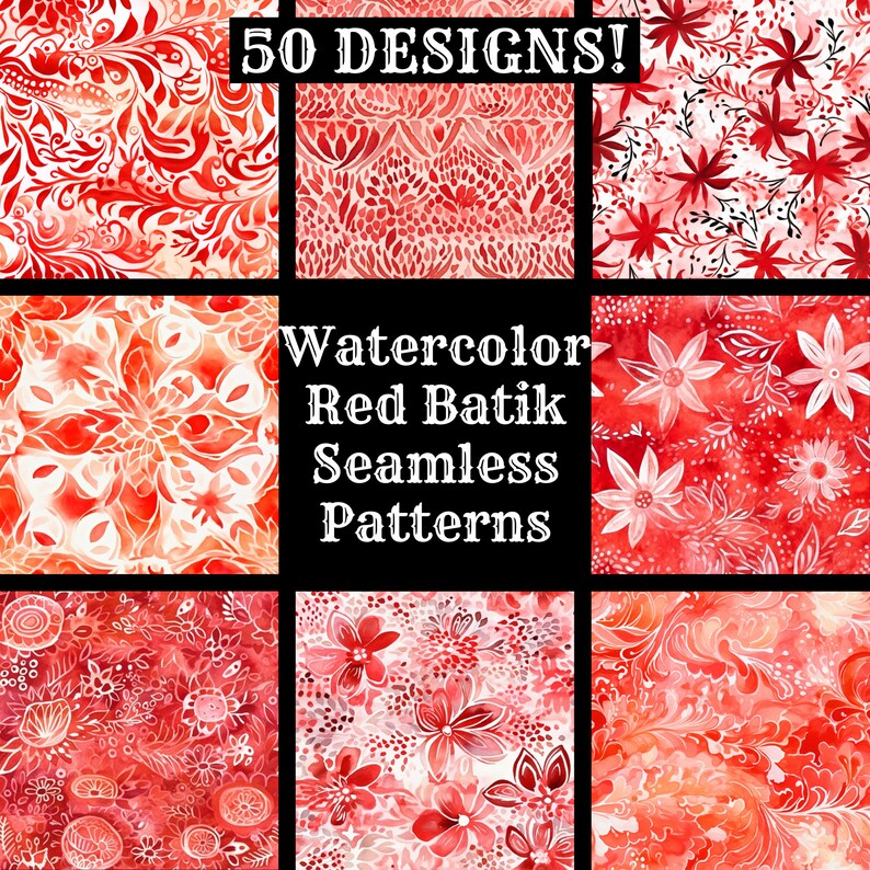 a collection of red and white patterns with the words watercolor red batik seam