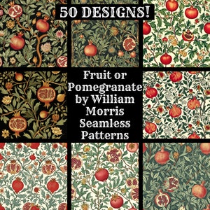 Papel digital sin costuras con diseño de fruta o granada de William Morris, papel para álbumes de recortes imprimible, texturas sin costuras, patrón de descarga digital instantánea