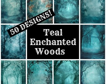 Teal Enchanted Woods Digital Paper: Vintage Journal Inserts (PNG, 8.5x11 in)