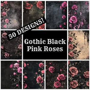 Gothic Black Pink Roses Journal Paper: Vintage Scrapbook (Digital Download)