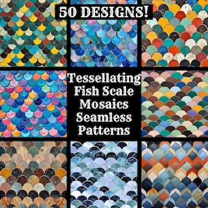 Puede incluir: 50 patrones sin costuras de mosaicos de escamas de pez teselados en varios colores, incluidos azul, verde, amarillo, rojo y marrón.