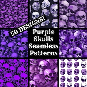 May include: 50 seamless patterns featuring purple skulls. The patterns are arranged in a grid with a title card in the center that reads "Purple Skulls Seamless Patterns".