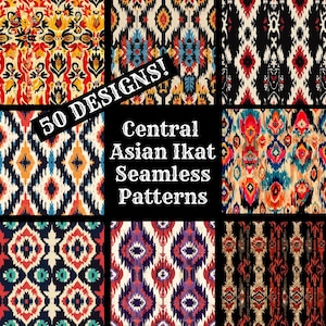 May include: A collection of 50 Central Asian Ikat seamless patterns. The patterns are colourful and geometric, with a variety of colours and designs. The text "50 DESIGNS!" and "Central Asian Ikat Seamless Patterns" is displayed on the image.