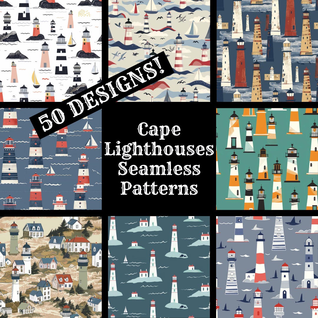 Cape Lighthouses Seamless Digital Paper, Cape Lighthouses Printable ...