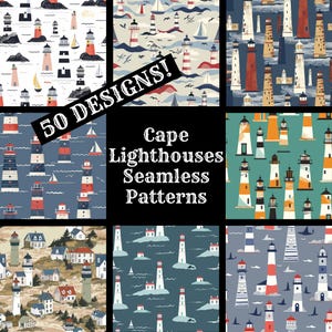 May include: A collection of 50 seamless patterns featuring lighthouses in various styles and colors. The patterns are perfect for use in crafting, scrapbooking, and other creative projects. The text "Cape Lighthouses Seamless Patterns" is displayed in the center of the image.